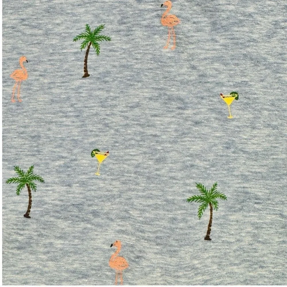 Miss Me Tropical Palm Flamingo Lace-Up Back Tee Gray Blue Medium - Picture 4 of 9